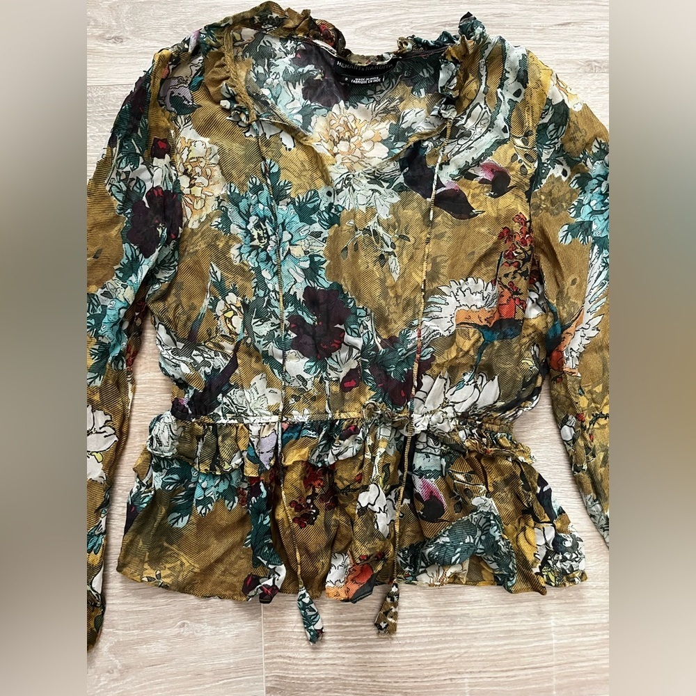 Hemant & Nandita Women’s Blouse Keystone 100% Silk Peplum Ruffle - Size Small - Picture 3 of 7